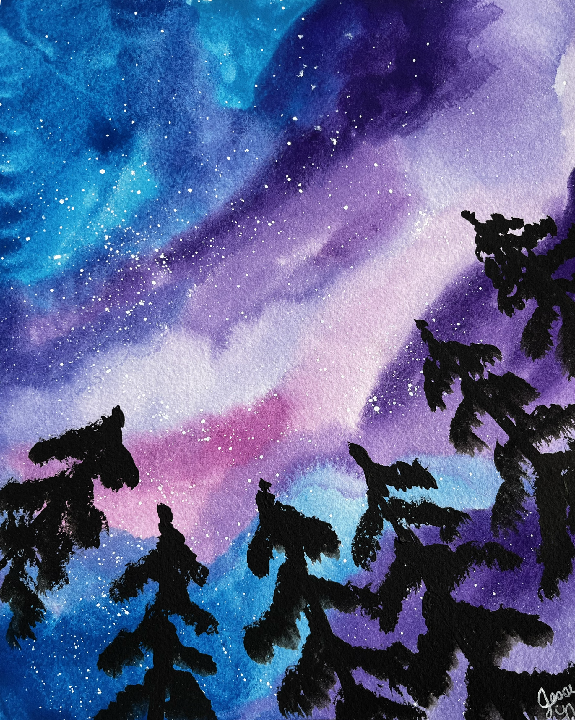 Artistic depiction of a starry night sky with silhouettes of trees