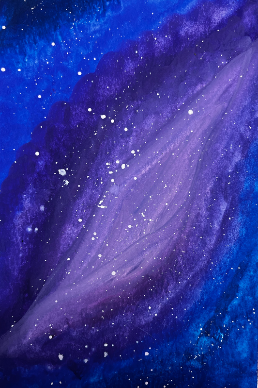 Artistic depiction of a galaxy in space with a blue and purple gradient.