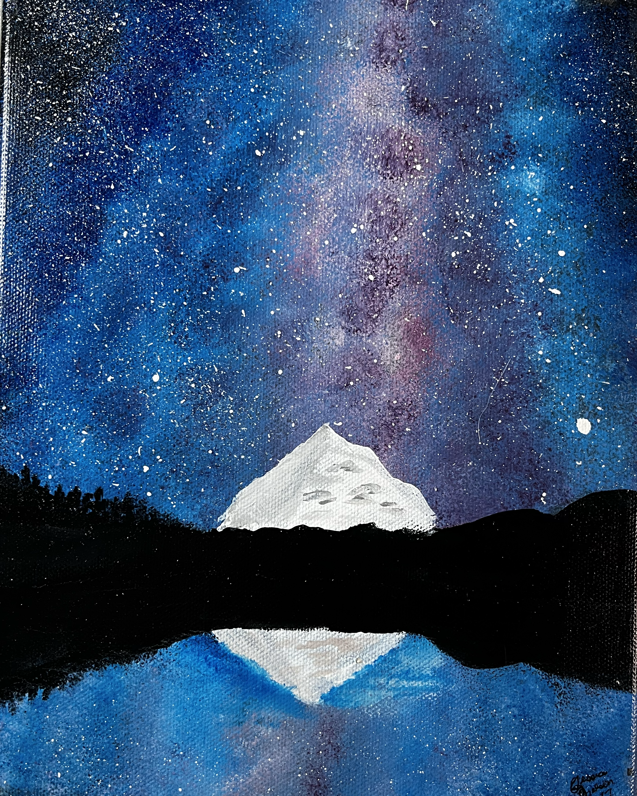 Painting of a mountain under a starry night sky with the Milky Way galaxy.