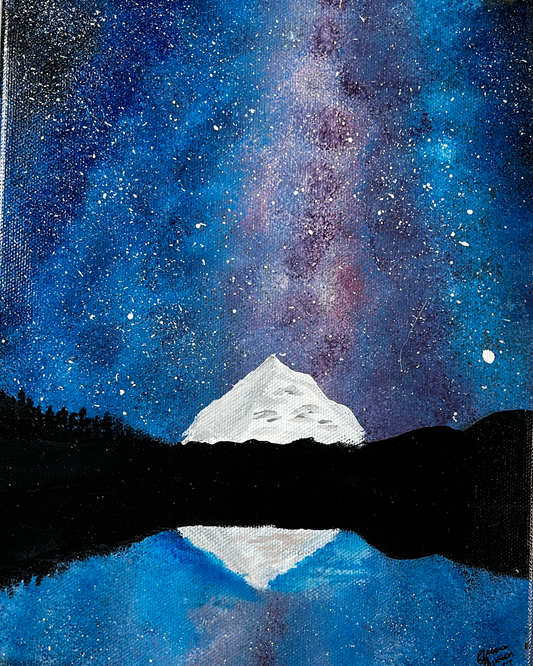 Painting of a mountain under a starry night sky with the Milky Way galaxy.