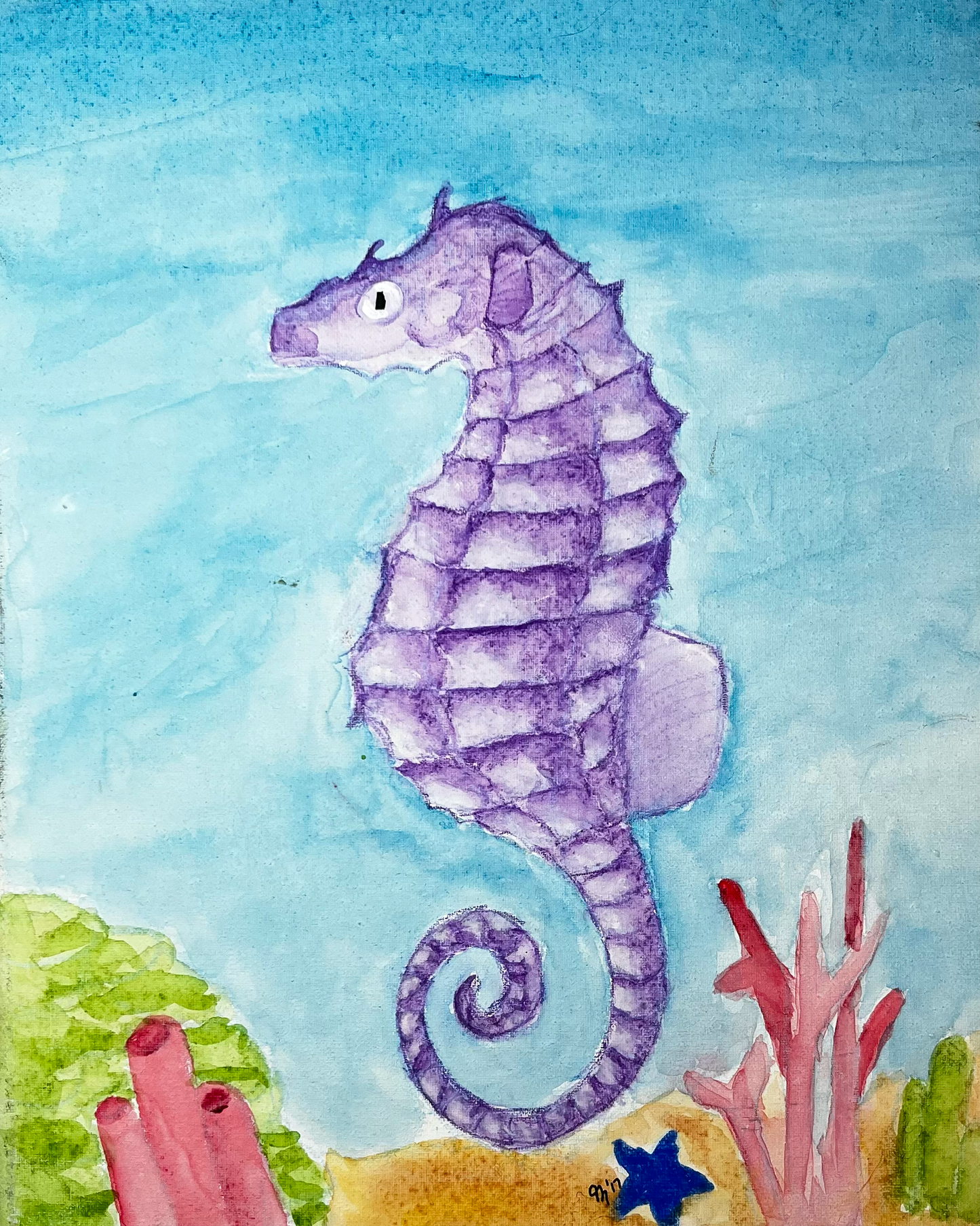 Watercolor illustration of a purple seahorse with coral and a starfish on a blue background