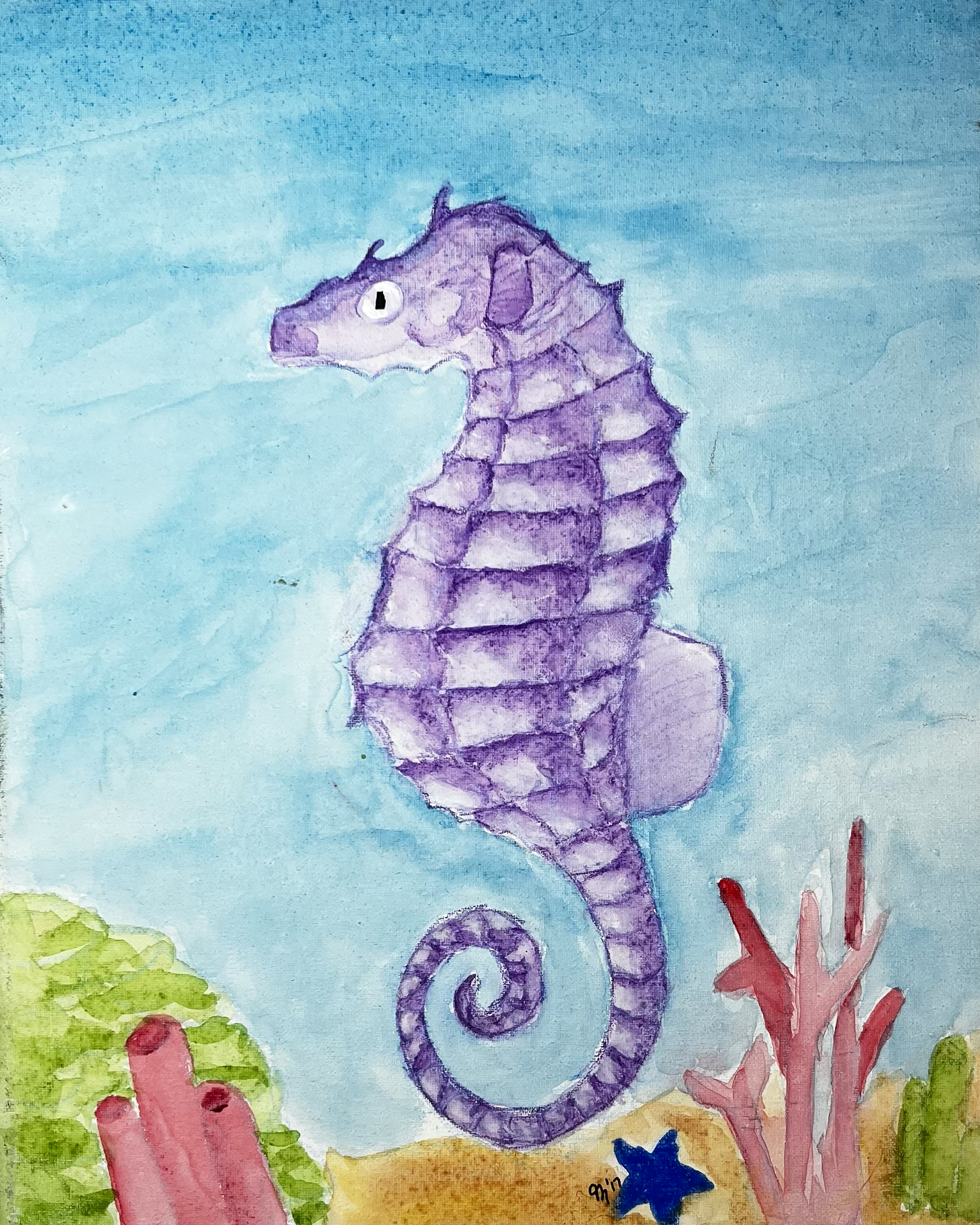Watercolor illustration of a purple seahorse with coral and a starfish on a blue background
