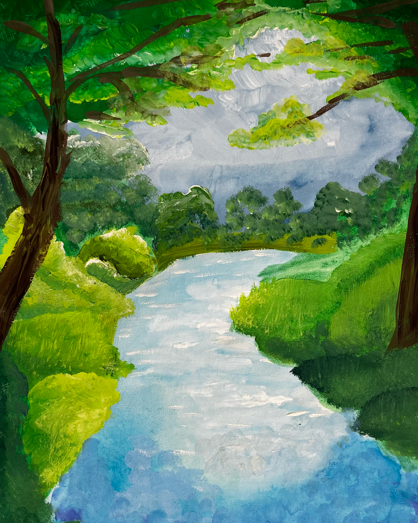 Painting of a river flowing through a lush green forest