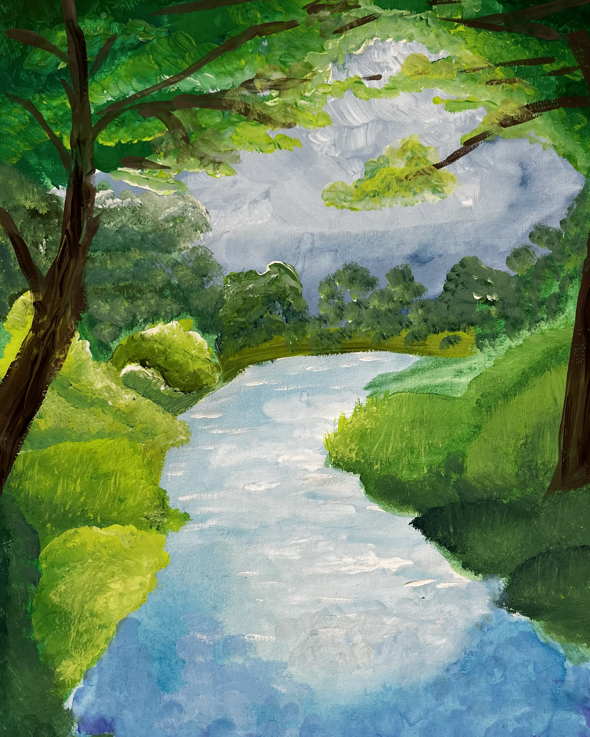 Painting of a river flowing through a lush green forest