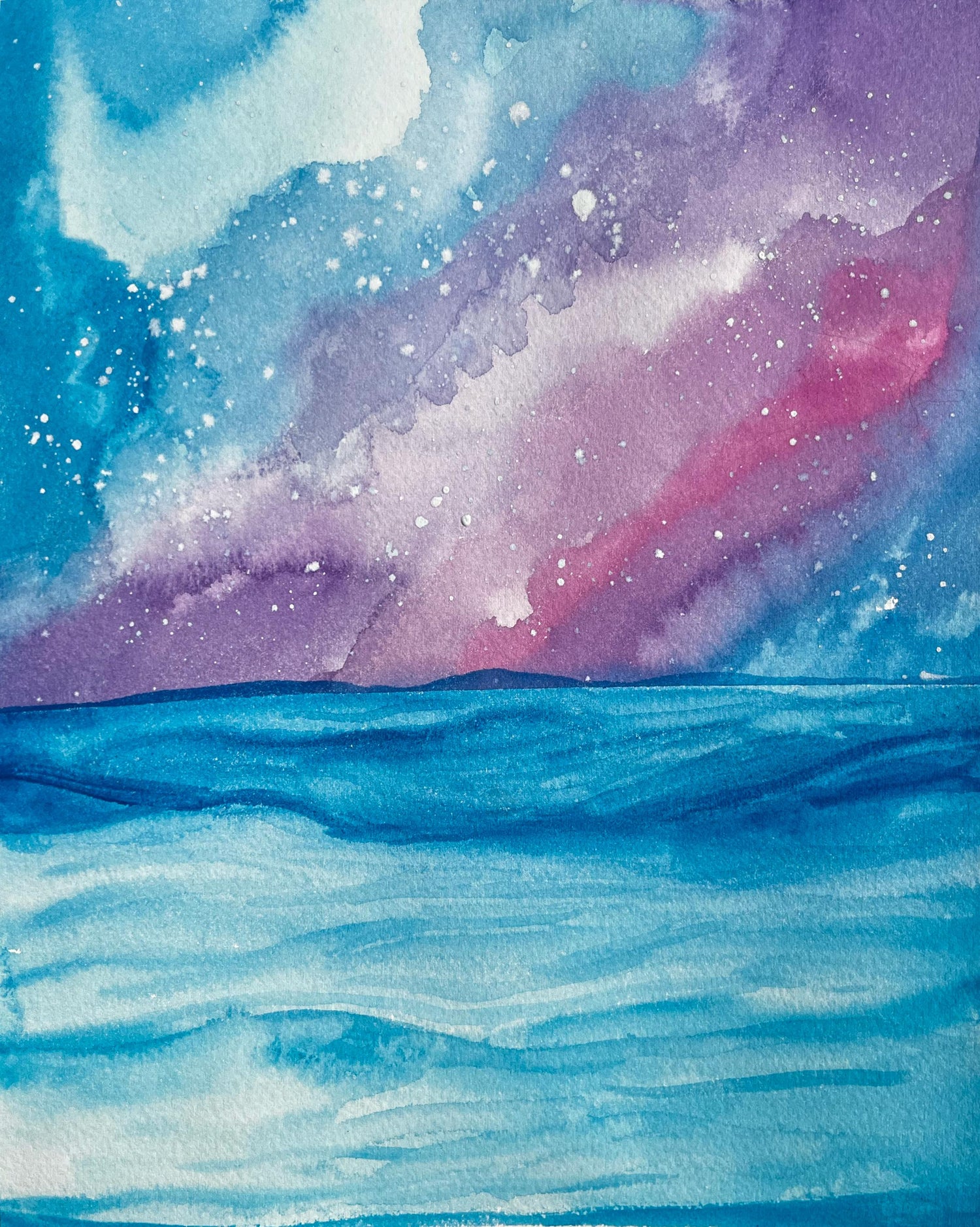 Abstract watercolor painting of an ocean with blue and purple hues
